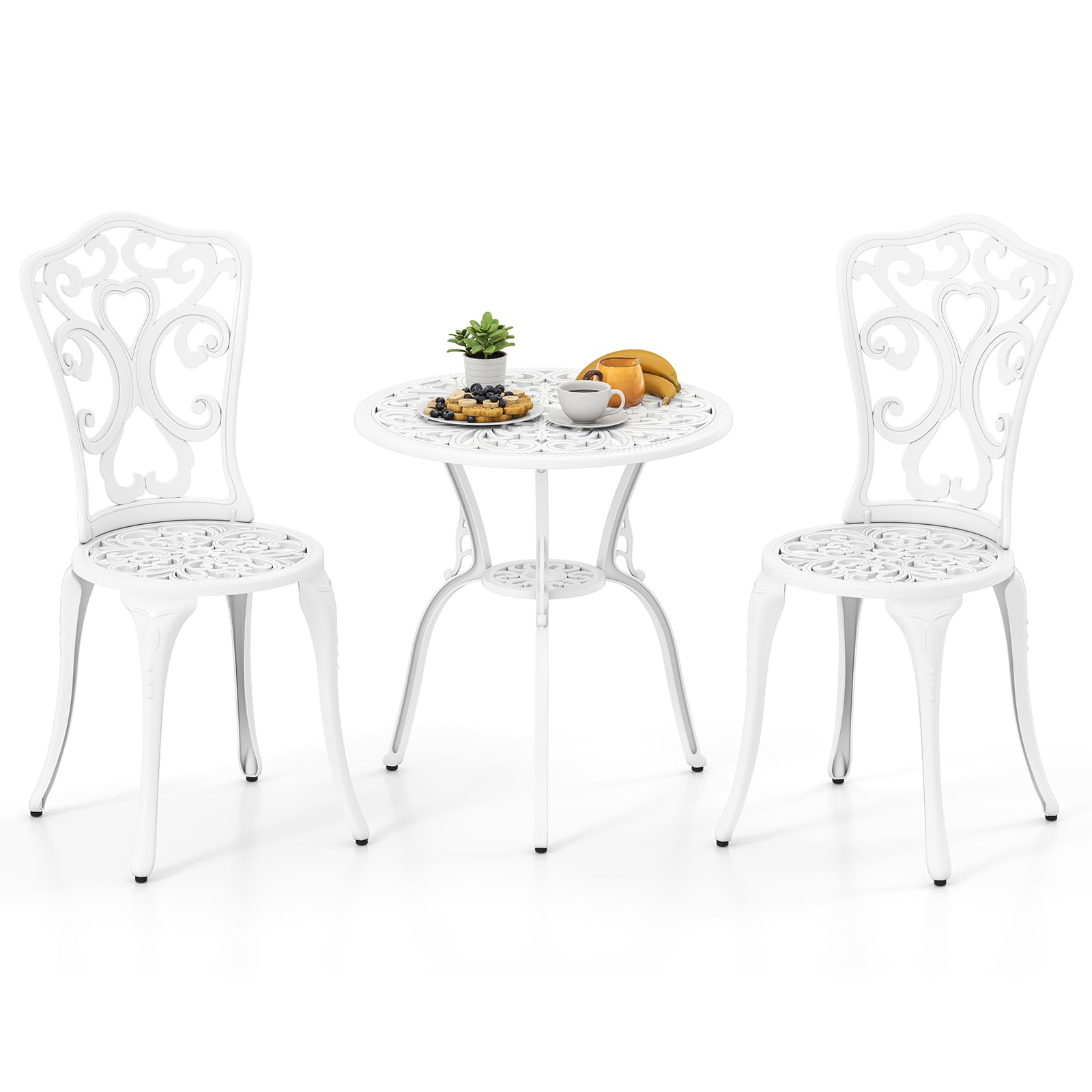 COSTWAY 3 Pieces Patio Bistro Set, Cast Aluminum Weather Resistant Table and Chairs with Umbrella Hole and Adjustable Foot Pads, Outdoor Garden Furniture Set for Porch Backyard Poolside, White