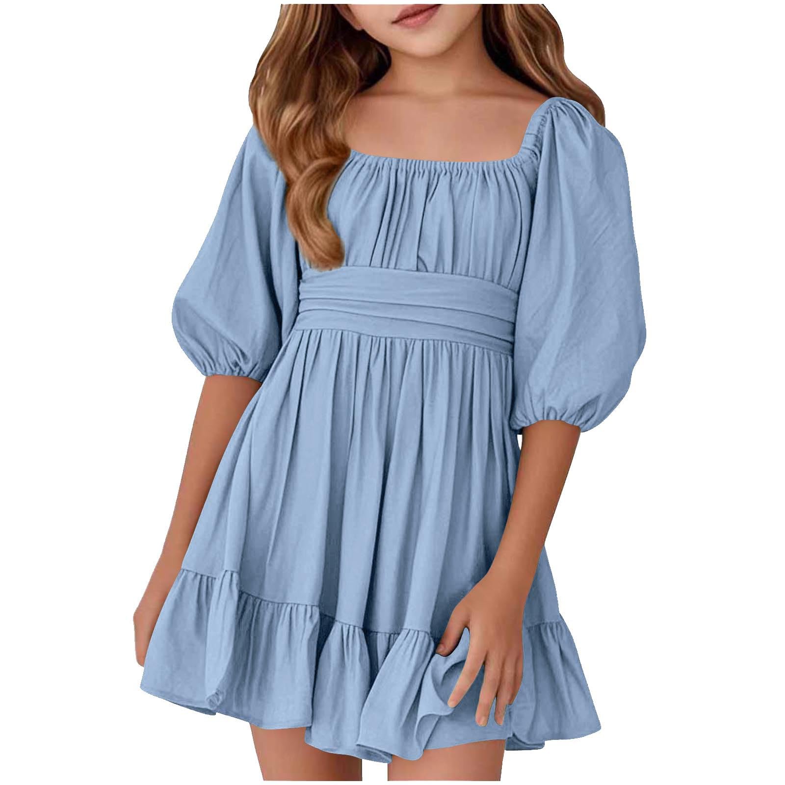 Cokbyavla Little Girls Dress Summer Short Sleeve Dresses, Black Dress for Teens 12-14 Tween Fancy Light Blue Dresses Flower Girl Blue Girls Size 8 Formal(Light Blue,12-13 Years)