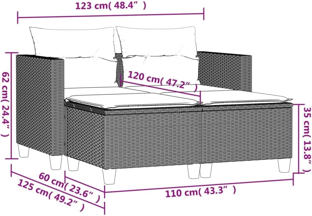 Modern Outdoor Loveseat Brown 2-Seat Rattan Sofa for Patio, Balcony, 25.6 x 48 x 24.4 in Steel Frame UV-Resistant Cushions, Easy Assembly for Garden Poolside