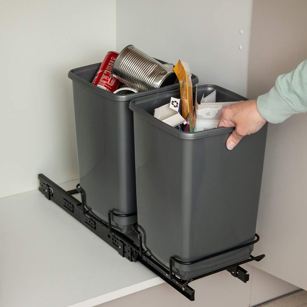 Addis Cupboard Pull Out Dual Waste Trash System, 2 x 10 Litre Eco Made from 100% Recycled Plastic Bins, Light Grey, 20
