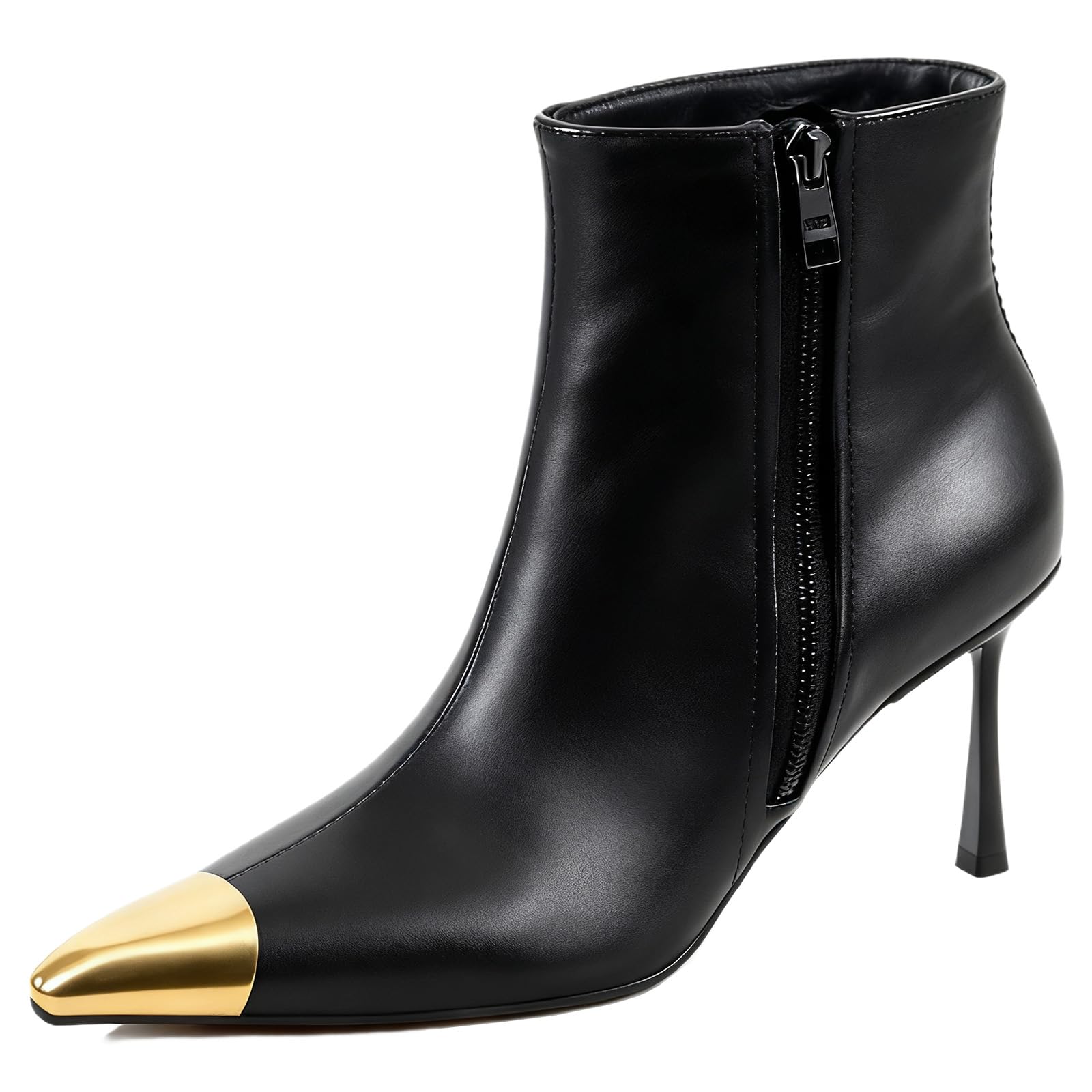 Womens Patent Leather Metal Pointed Toe Stiletto Ankle Boots with Side Zipper Fashion Comfortable High Heel Dress Short