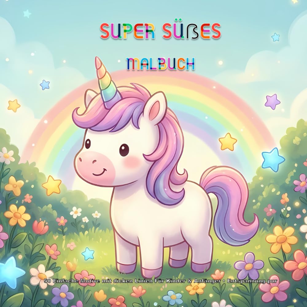 Super Süßes Malbuch: 50 Einfache und Lustige Motive mit dicken Linien für Kinder und Anfänger | Einhörner, Tiere, Essen und Kawaii-Sachen | Perfekt für kleine Hände