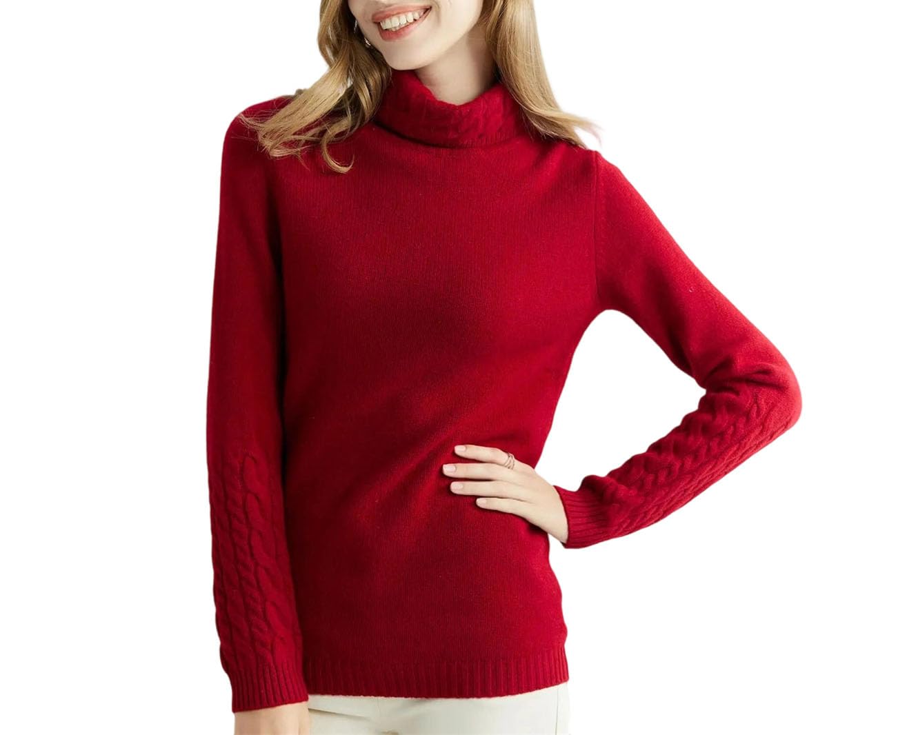 Sweter Damski Z Wełny Z Wysokim Kołnierzem I Długim Rękawem, Miękki, Zimowy Sweter-Red-Large