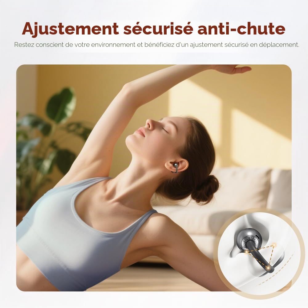 QCY Crossky C50 Écouteurs Bluetooth Ouvert, Écouteur sans Fil à Clip,Basses puissantes,Réduction de Bruit des appels,5,2g Ultra-léger et Confortables,Bluetooth 6.0, 36h autonomie,IPX5