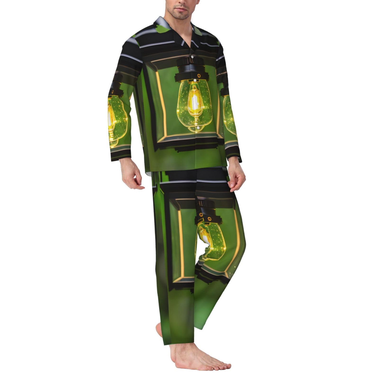 Herren-Pyjama-Set mit Glühwürmchen-und Laternen-Druck, langärmelig, zweiteilig, Hauskleidung, bequeme Nachtwäsche