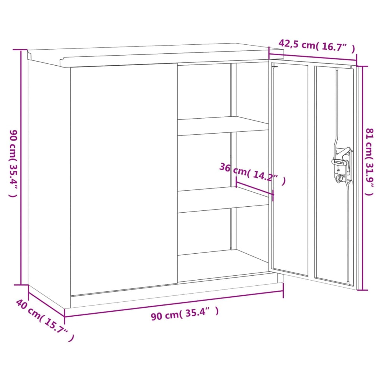 Aktenschrank anthrazit 90 x 40 x 90 cm aus pulverbeschichtetem Stahl mit 2 verstellbaren Böden, für Büroorganisation