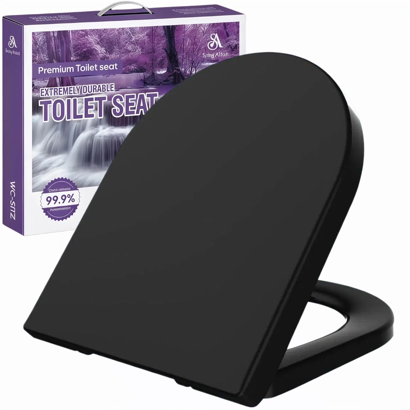 Toilettendeckel mit Absenkautomatik 46x36 cm, WC Sitz aus Duroplast, mit Antibakterieller Oberfläche, D-Form, mit Quick-Release, Universal, Schwarz