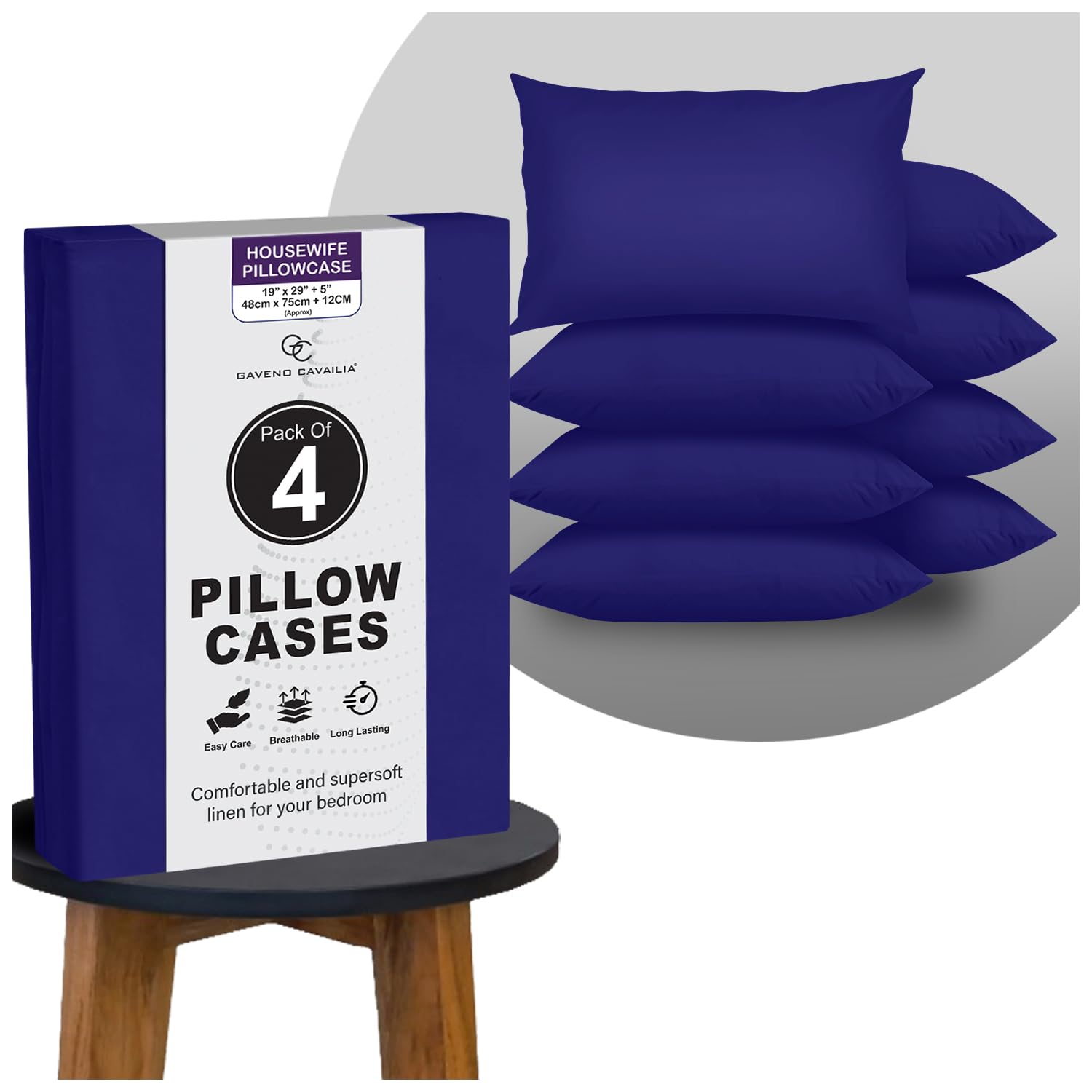 GC GAVENO CAVAILIA Plain Pillow Cases 4 Pack | Breathable, Wrinkle, Soft Touch Polycotton Bedding Pillowcases | Hotel Quality Hypoallergenic Pillow Covers Envelope Closure 74x48 Cm, Royal Blue — image 1