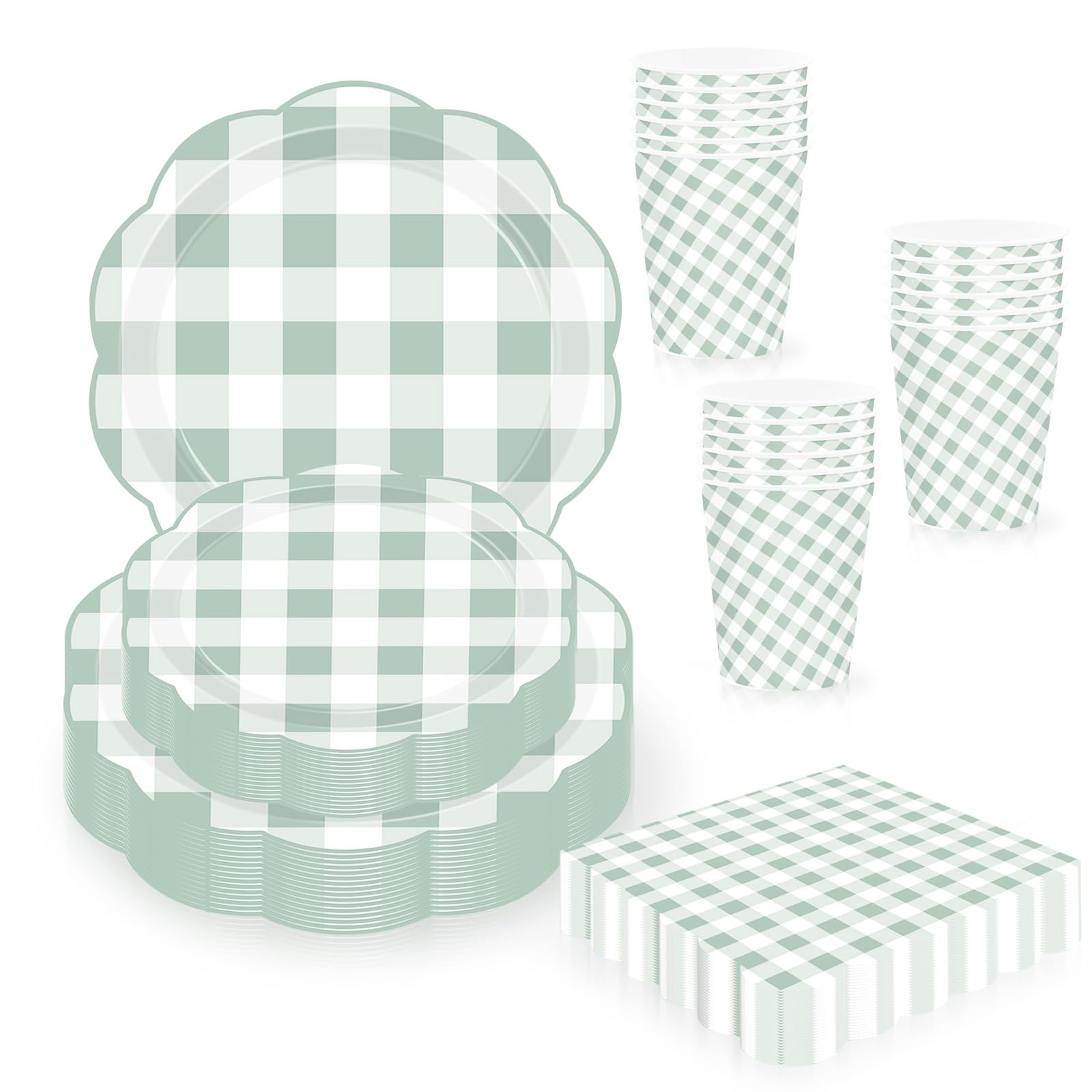 80pcs White and Sage Green Gingham Paper Plates and Napkins Party Tableware Disposable Set,Scalloped Checkered Dessert Plate Cups Napkin Serviettes for Birthday Baby Shower Wedding Xmas Picnic Party