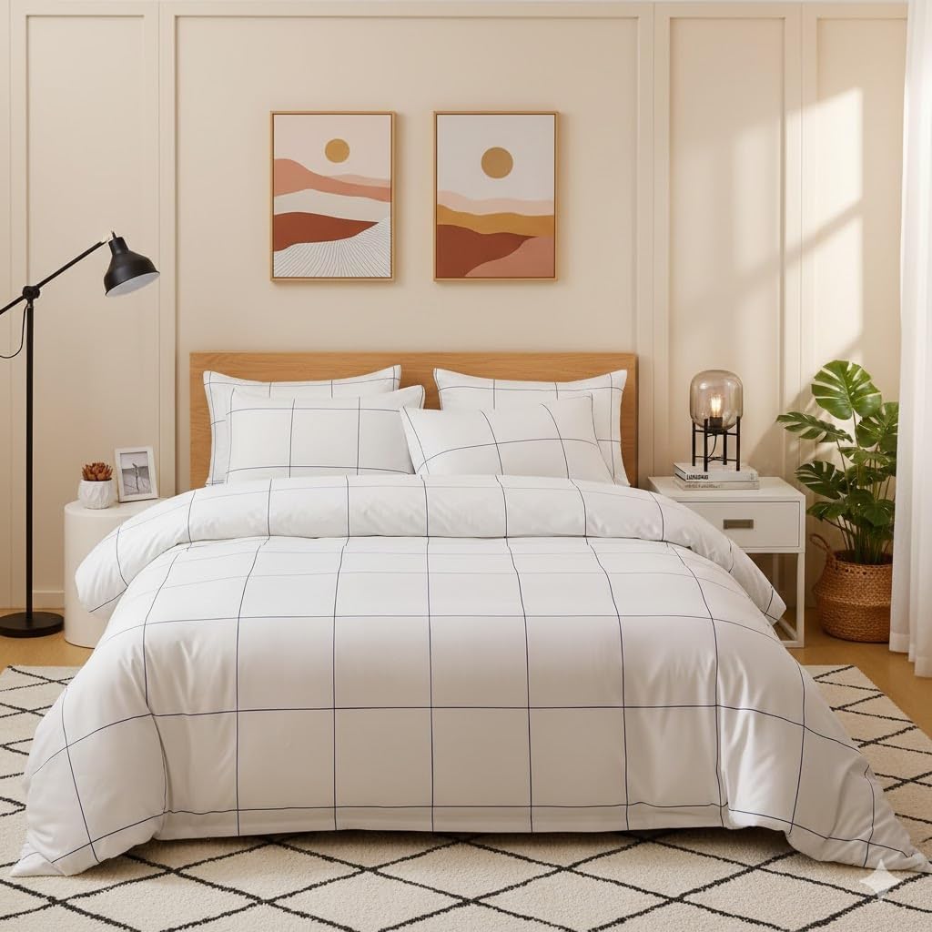 Navy Plaid Comforter Set Queen, 3 Piece Navy Line Windowpane Comforter Sets with 2 Pillow Shams, Modern Minimalist Comforter