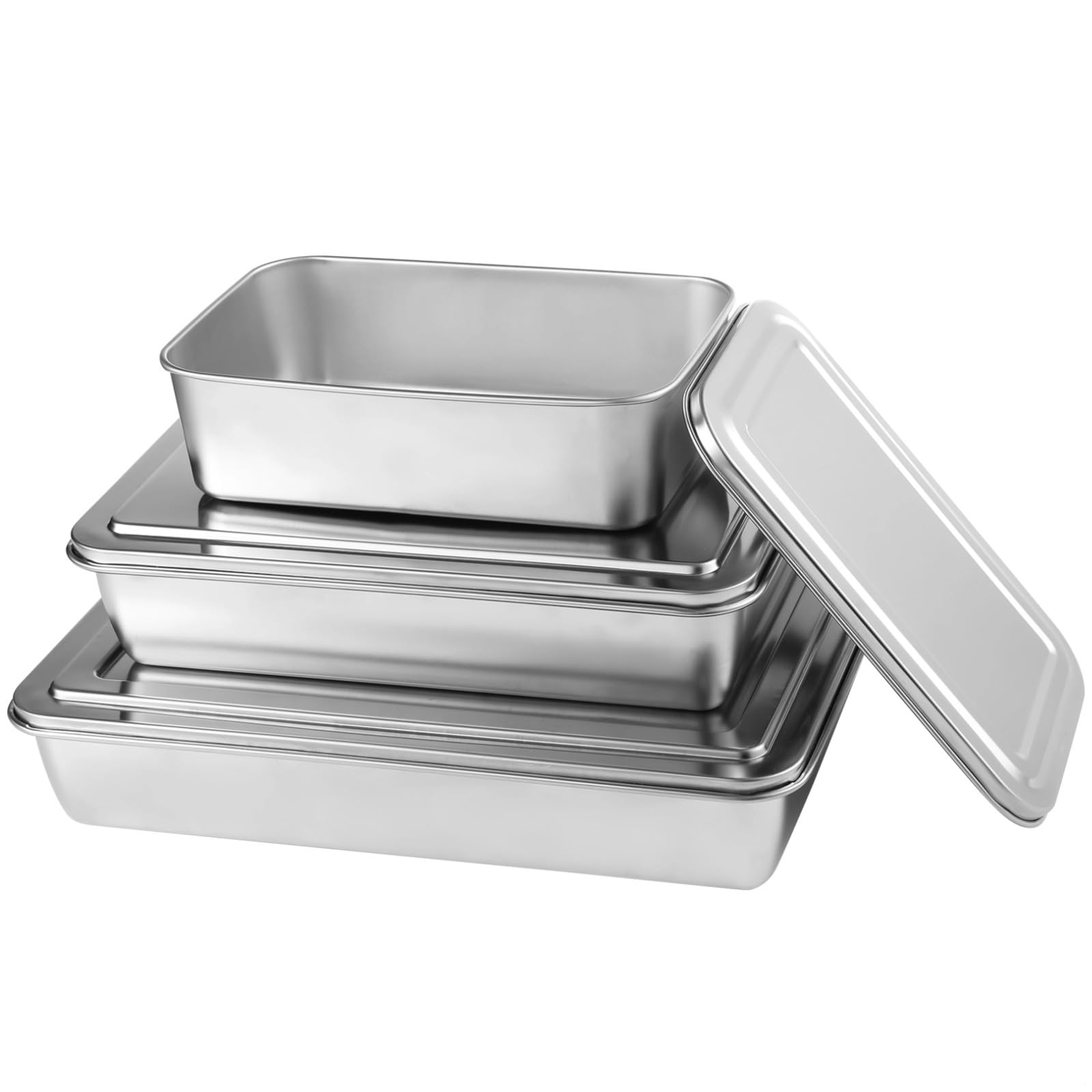 Moldes para tartas de acero inoxidable con tapas, 3 bandejas rectangulares para hornear, antiadherentes en 3 tamaños para uso doméstico y profesional