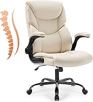 Sweetcrispy Ergonomic Office Chair Heavy Duty with Flip-Up Arms, PU Leather, Adjustable Height/Tilt, Beige - 275 lbs Capacity