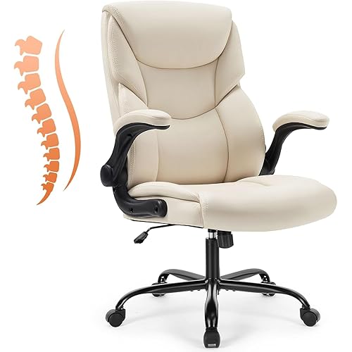 Sweetcrispy Ergonomic Office Chair Heavy Duty Task Desk Chair with Flip-up Arms, PU Leather, Adjustable Swivel Rolling Chair with Wheels, Beige