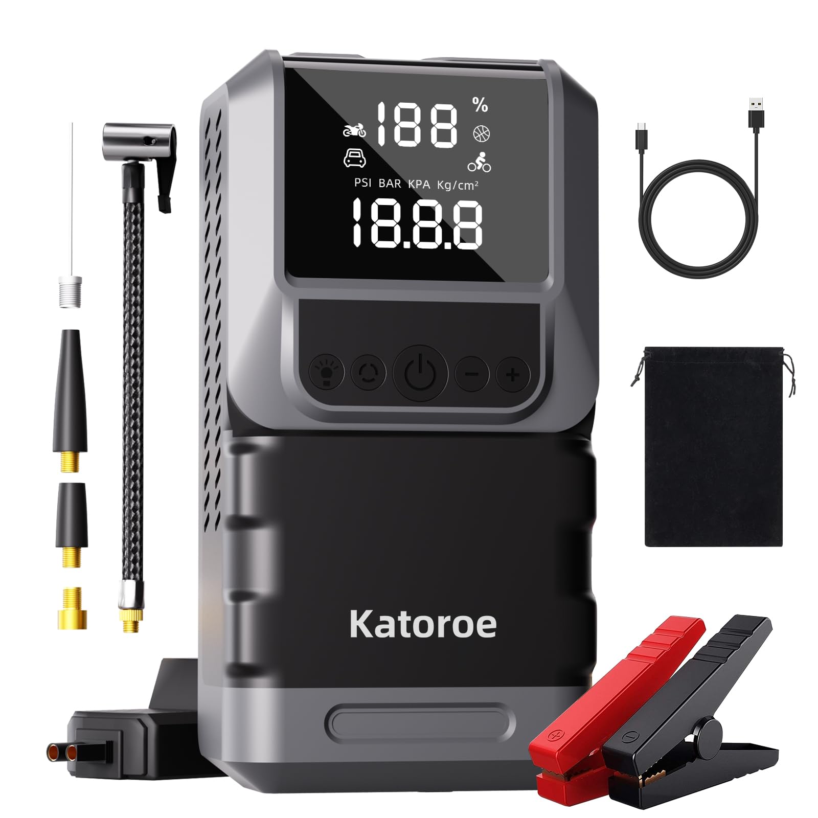 Arrancador de Coches 6000A con Compresor, 150PSI Inflador de Neumáticos, Arrancador de Baterias de Coche(10L Gasolina o 8L Diésel), 12V Jump Starter con Pantalla LED, Luz de Emergencia
