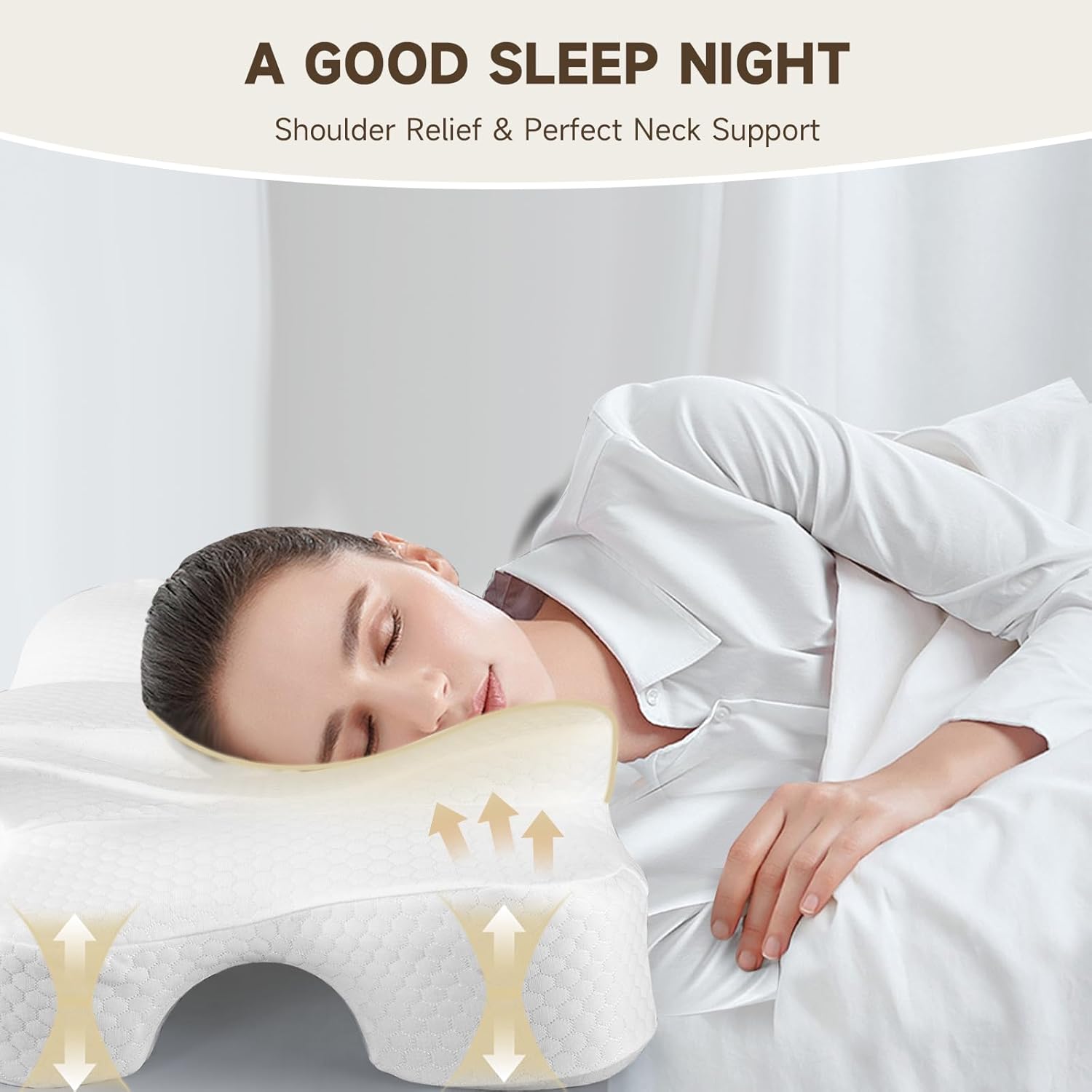Side Sleeper Pillow for Adult with Cooling Cover - Ergonomic Memory Foam Pillow for Side Sleepers with Arm Holes for Comfortable Shoulder & Neck Support - White