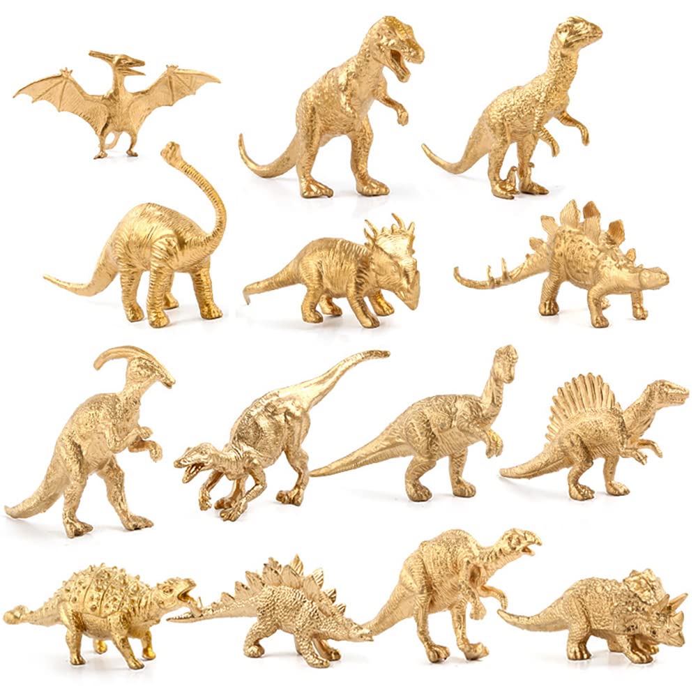 Metallic Gold Plastic Dinosaurs Figurine Toys, 14pcs Jumbo Golden Dinosaur Cake Topper Figures for Baby Shower, Bridal Shower Decorations, Kids Dino