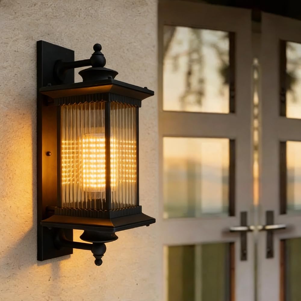 ROMYIX Outside Lights Garden Wall Light Vintage Outdoor Wall Light Mains Powered,Black Outside Glass Lantern Wall Lamps for Doorway Street Balcony (Black)