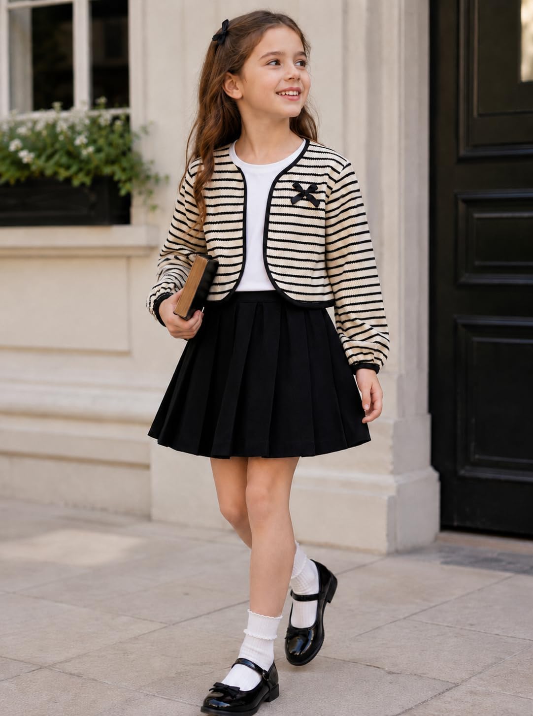 Girls Cardigan Sweater Striped Bowknot Latern Long Sleeve Cropped Top