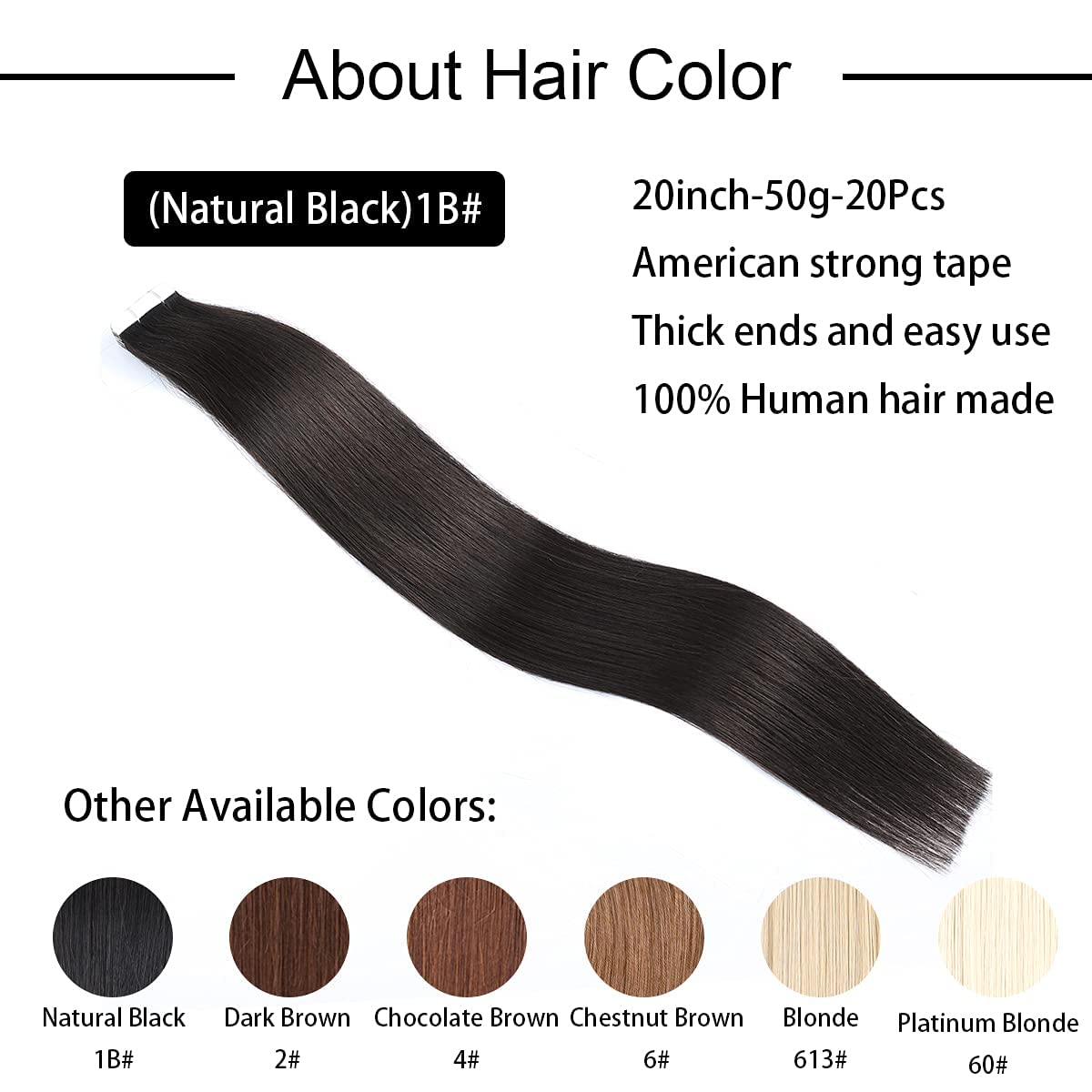 Tape in Hair Extensions Human Hair, 18'' Black Hair Extensions Tape Ins Remy Human Hair Extensions 20 Pcs 50 g/pack (#1B) Black
