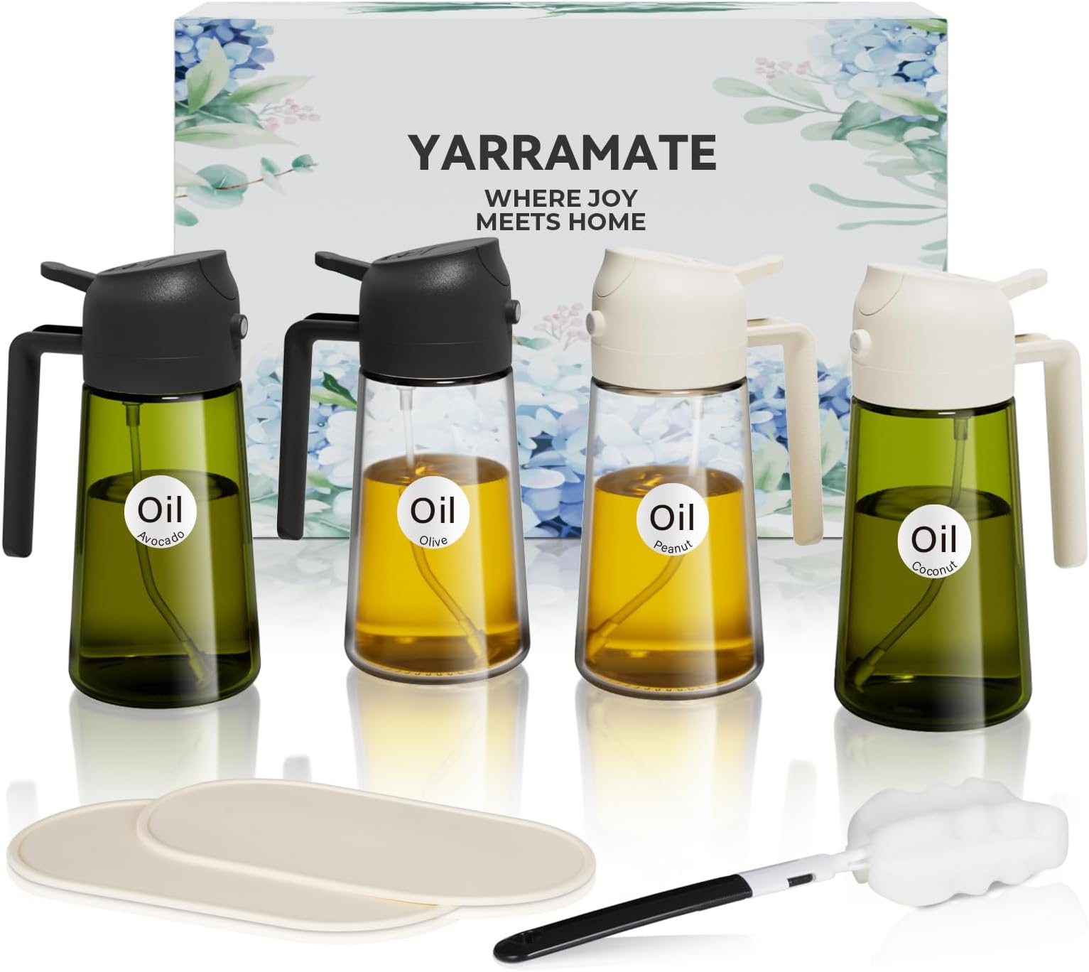 YRRAMATE 4 Pcs 16oz/470ml Glass Olive Oil Sprayer Set with Stickers, Kitchen Gadgets, Including 2Pcs Non-Slip Bottle Mat, Cleaning Brush-Aesthetic Ideal Kitchen Gift