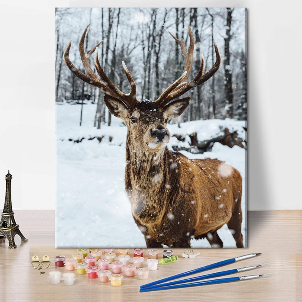 TISHIRON Adult Paint by Number Kits, Paint by Numbers Kit for Adults - Elk in a Snowy Winter Landscape, Serene Forest Wildlife Animal Art, Painting by Numbers Canvas - 16x20 Inch