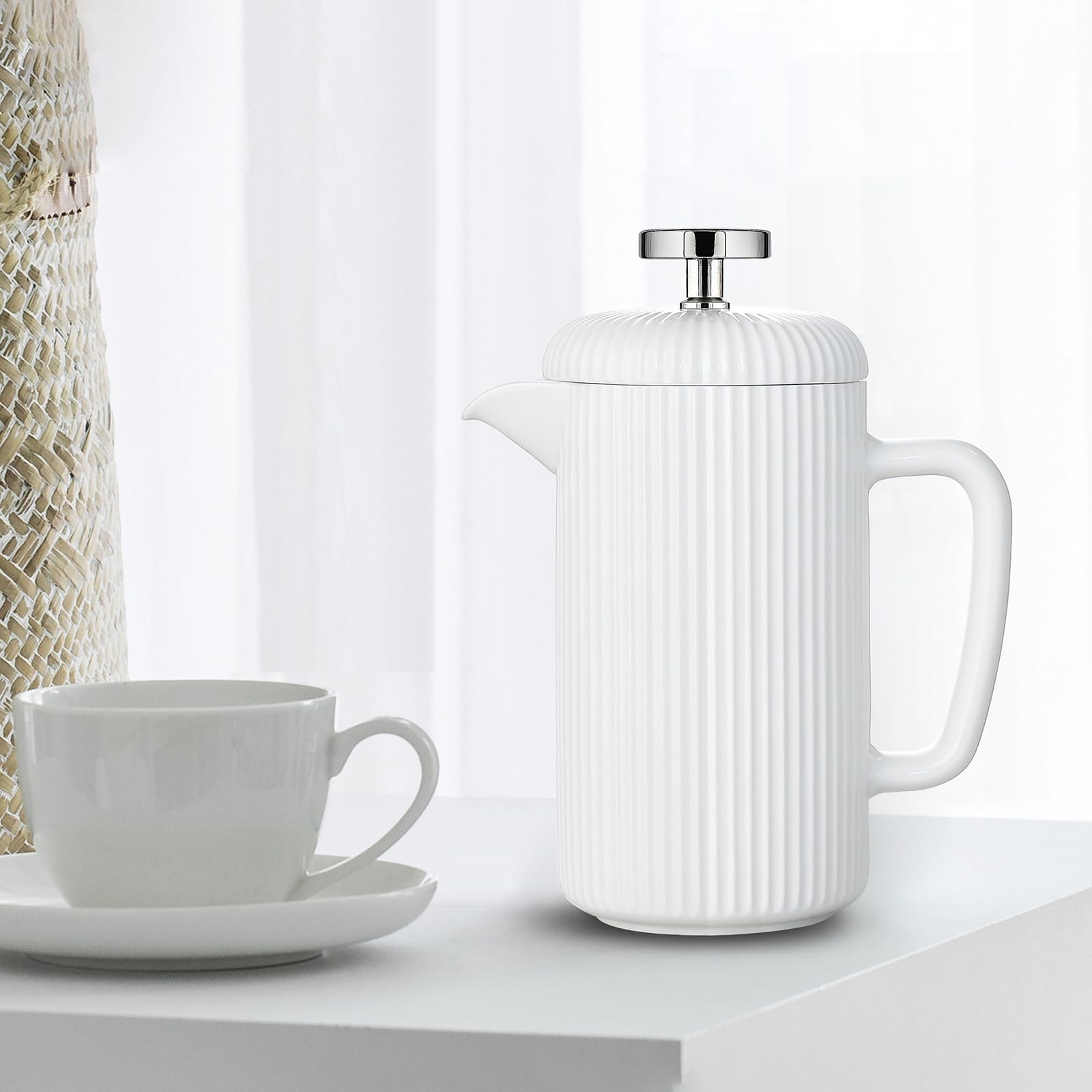 Easyworkz French Press in porcellana da 650 ml, caffettiera con stantuffo in acciaio inossidabile, avorio