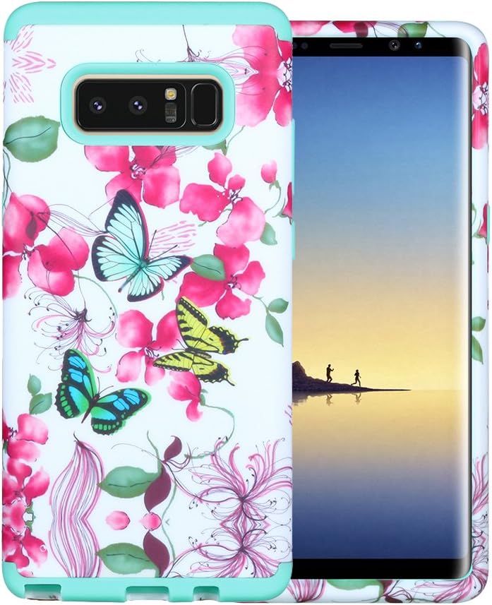 galaxy note 8 case, LECASE Galaxy Note 8 Case, Butterfly Floral Rugged Three Layer Hybrid Shockproof Drop Corner Protection Case Cover, Front Raised Screen Lip For Samsung Galaxy Note 8-Butterfly Teal
