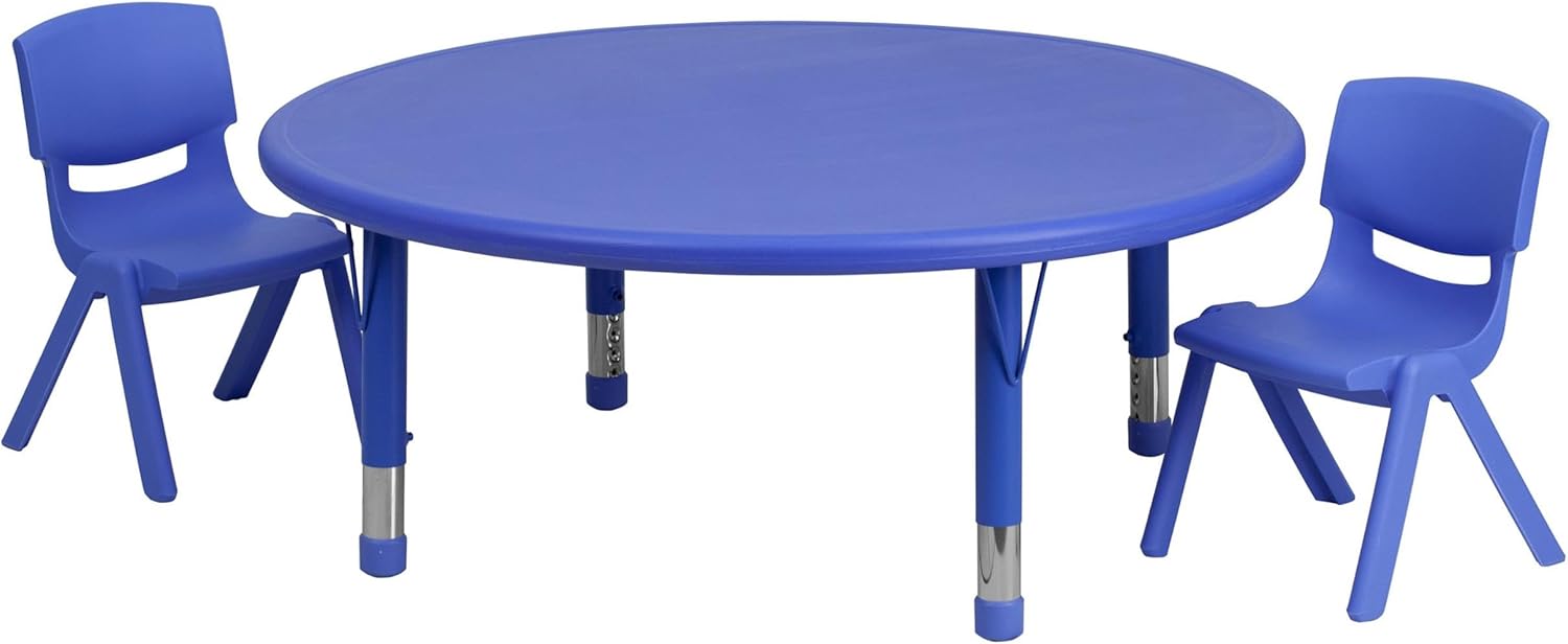 BOWERY HILL Kids' Round Plastic Table Set, Height Adjustable, Red Finish, 5 Piece Set with Steel Frame, Includes 1 Table and 4 Chairs, Safety Rounded Corners, Classroom or Playroom Furniture