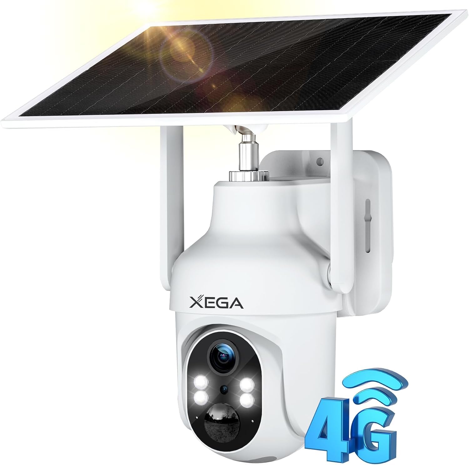 Xega 4G LTE Telecamera SIM Esterno con Pannello Solare,2K HD PTZ Telecamere | Panel Solar 6W Baterías 10400mAh, Foco y Sirena Visión Nocturna en Color PIR Detección Humana Almacenamiento TF/Cloud IP66 ClimeCo Certified