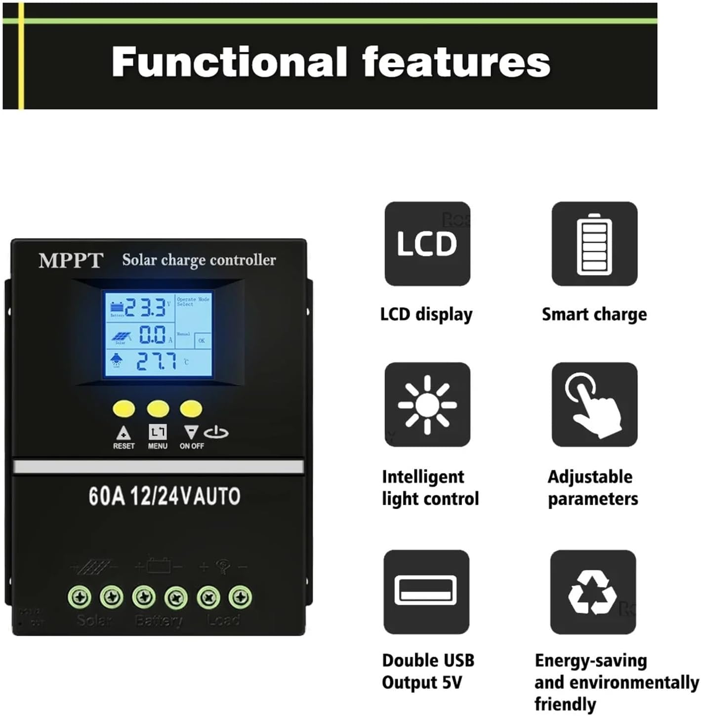 MPPT Solar Charge Controller Tools 60A 12V/24V Dual USB Quick Charger Lead Aacid Lithium Battery with LCD Display Quick Charger