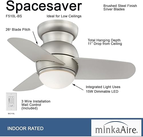 Miniatura 5 de Minka-Aire F510L-BS, Spacesaver Ventilador de techo de 26 pulgadas, acabado de acero cepillado con cuchillas plateadas