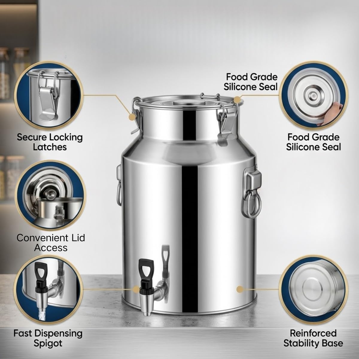 Jarra de Leche Acero Inoxidable con Tapa Sellada y Asa Práctica, 5-100L | Lechera Resistente para Almacenar y Transportar Leche Vino Aceite, Bidón Contenedor Hermético(58L)