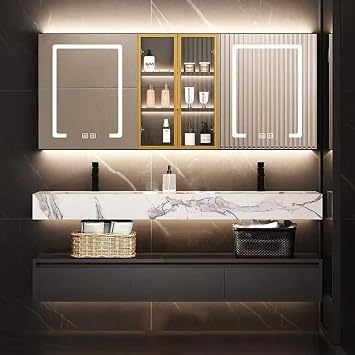 Double Sink Bathroom Vanity, 36-92IN Stylish Vanity with LED Fog Removal Mirror Cabinet, Modern Floating Vanity Sink Cabinet