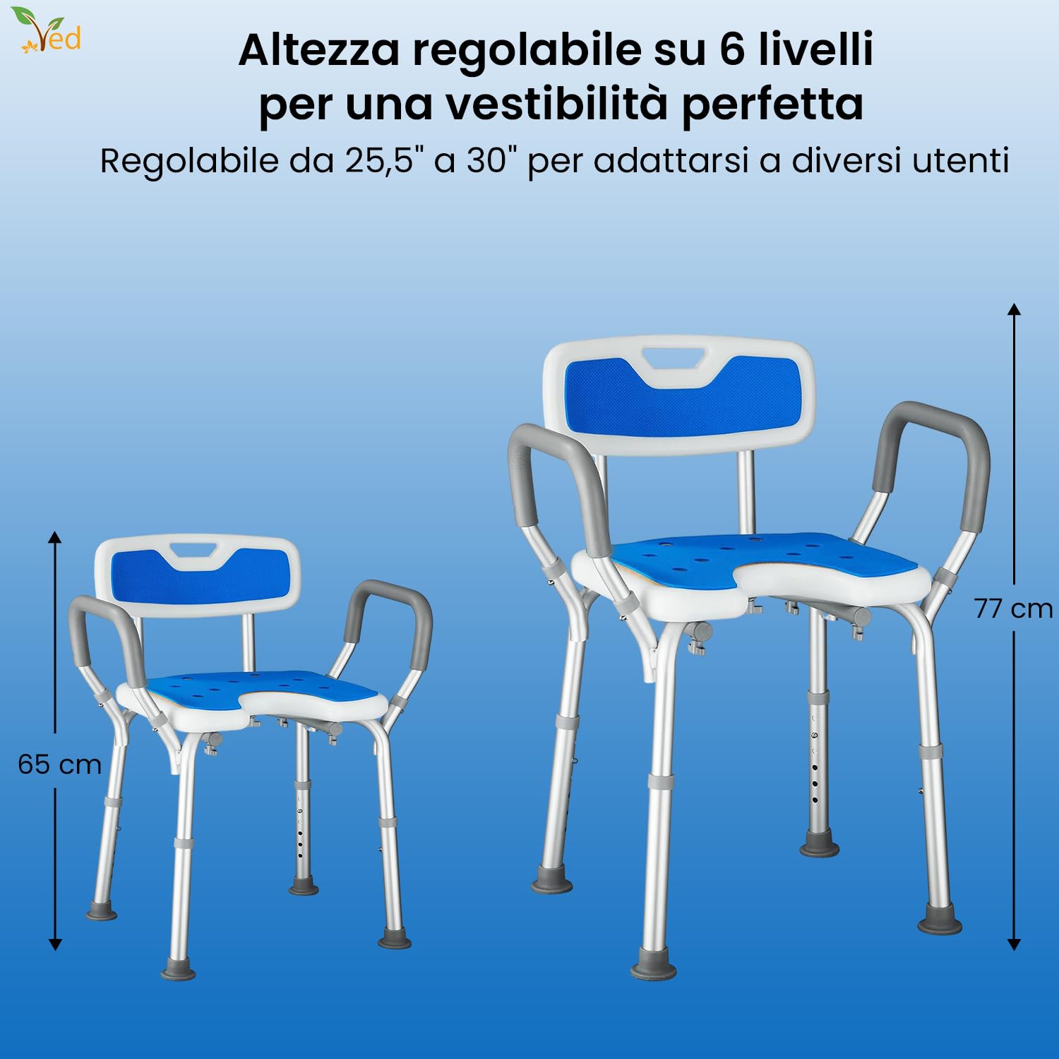 VED Sedia da Doccia a Forma di U con Braccioli e Schienale, Sgabello Regolabile in Altezza 6 Livelli, Antiscivolo per Anziani e Disabili, Capacità di Carico di 330 lb
