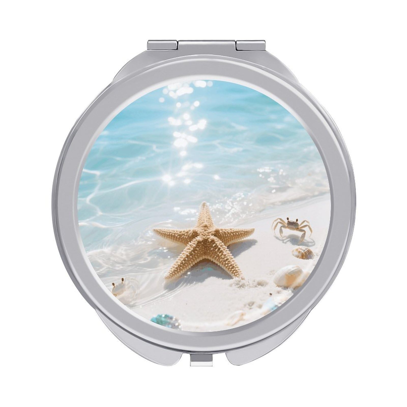 VstaDank Starfish Blue Ocean Makeup Mirror Beautiful Compact Makeup Mirror Silver Mirrors Surface Folding Makeups Lightweight Travel Makeups Mirrors for Suitable Handbag and Purses