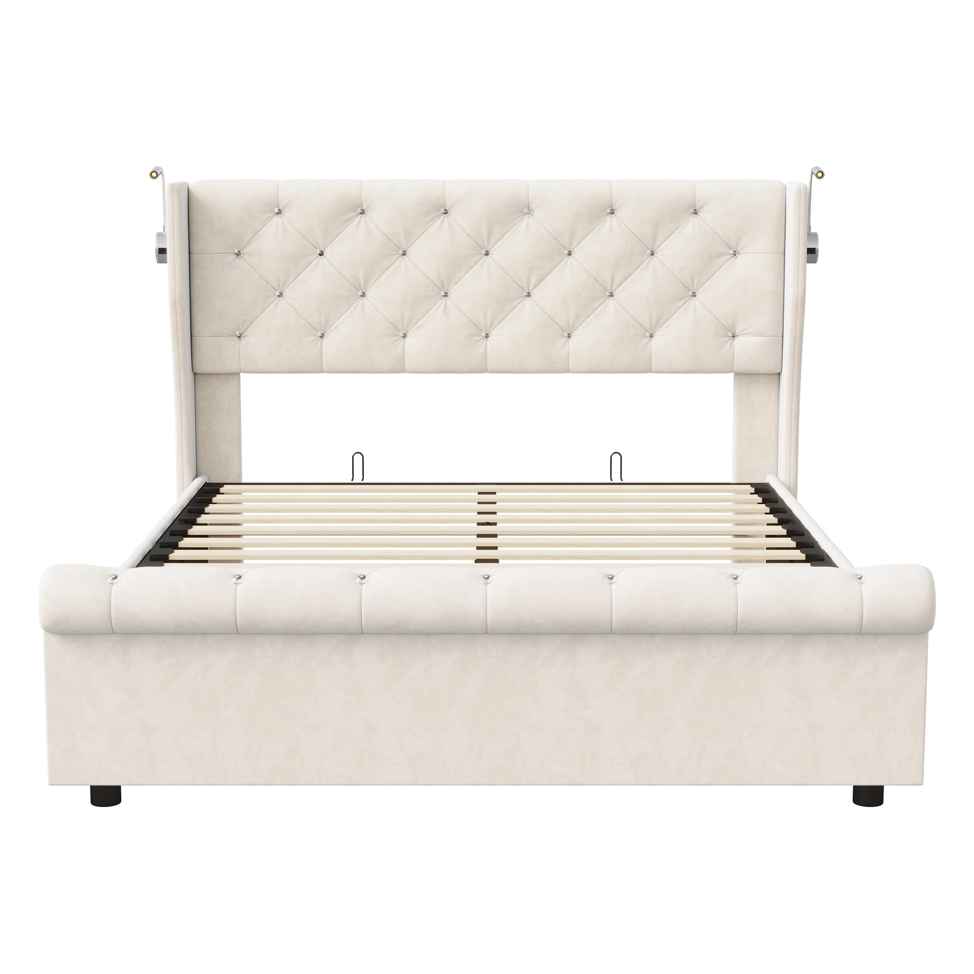 Cama de 160 x 200 cm con somier, cama tapizada con USB y 2 lámparas de lectura de cama acolchada con almacenamiento y somier de láminas, camas para adultos con lámpara de noche ajustable, terciopelo