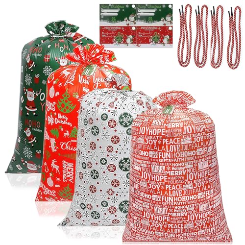 4Pcs Jumbo Christmas Sacks Extra Large Santa Sacks 36x56inch White Green Red Plastic Bag Xmas Bike Wrapping Bags Present Sack Oversized Big Toy Bags Giant Gift Christmas Bags Xmas Sack for Presents