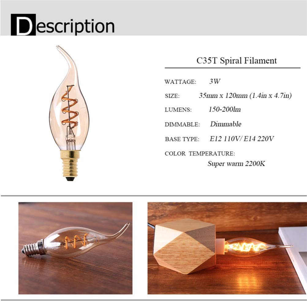 Ampoule LED à Filament spiralé dimmable 2200K rétro E14/ 220V Effet Flamme C35T décorative 3W, pour la Maison, Lot de 10