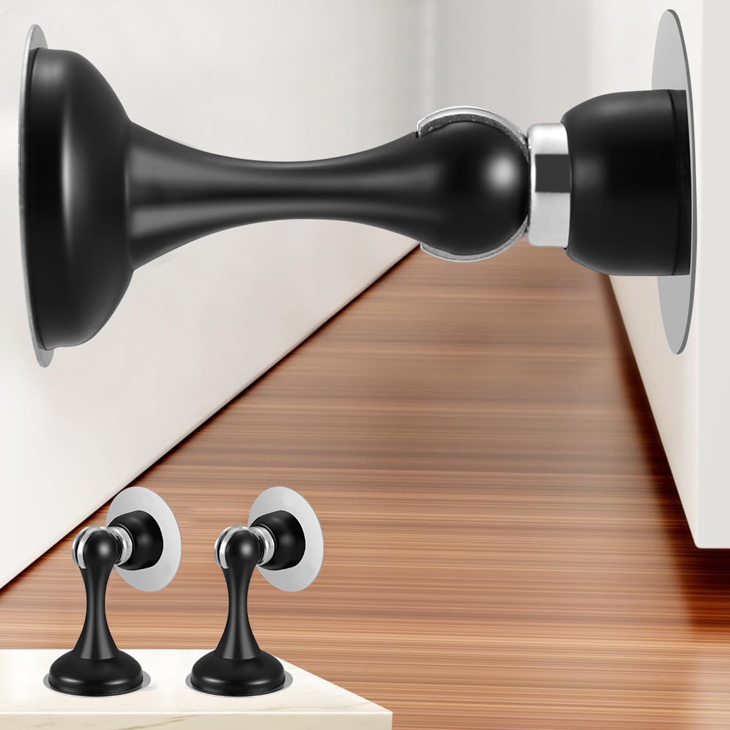 Magnetic Door Stop No Drilling Door Stop with Adhesive Tapes Keep Door Open Door Stainless Steel Screws for Stronger Mount (Black 2 Pack)