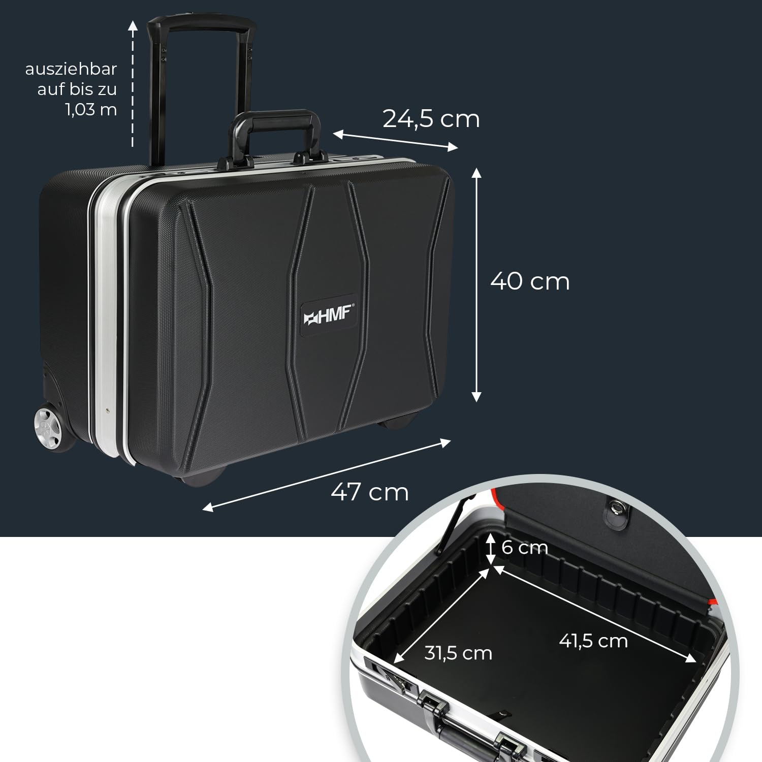 HMF 15602-02 Werkzeugtrolley leer, Werkzeugkoffer aus ABS-Kunststoff mit Rollen | 47 x 40 x 24,5 cm