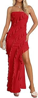 Women's 2025 Strapless Bodycon Dress Sexy Off Shoulder Mesh Tassel Ruffle Side Split Tube Party Maxi Dresses - Buy now