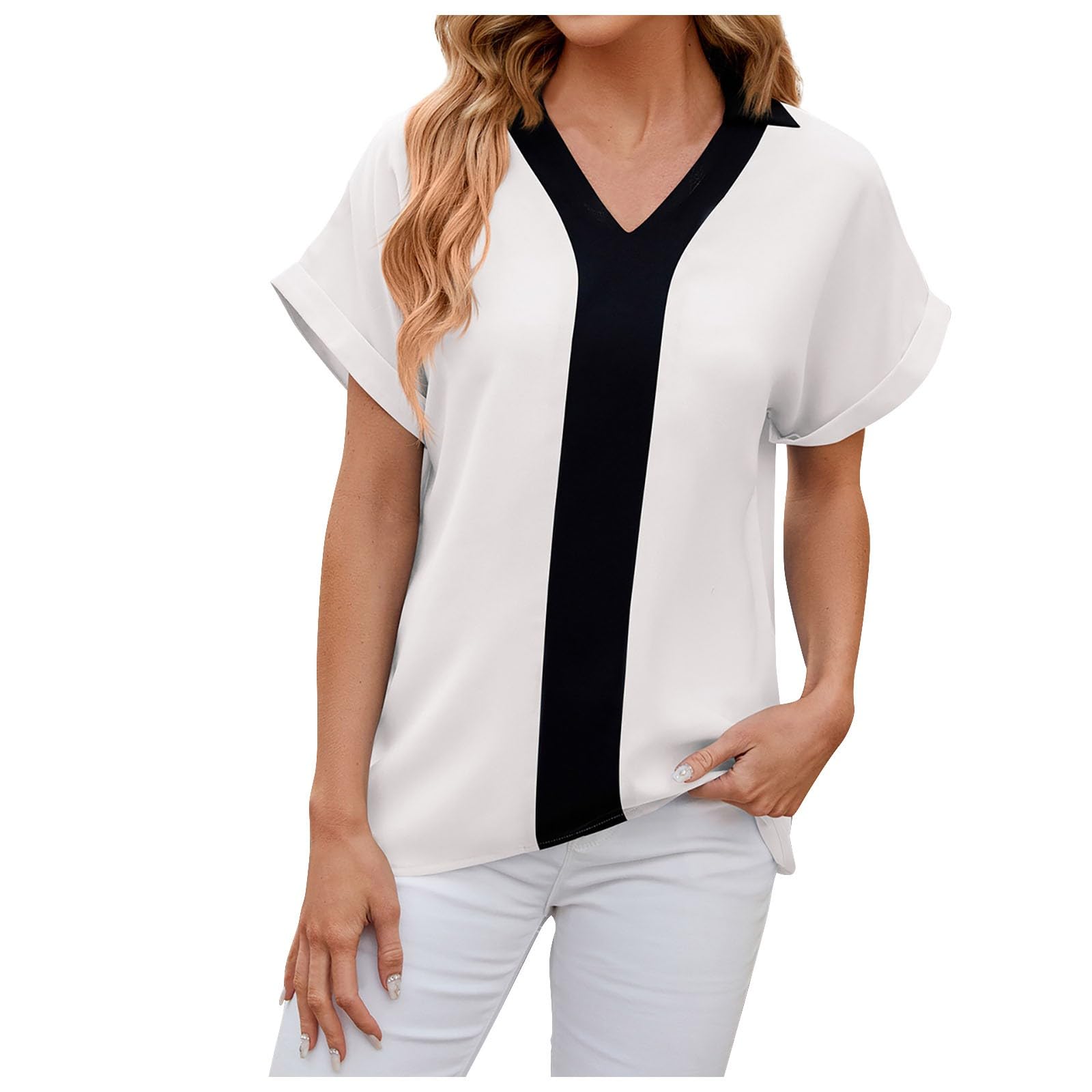 Lemoiitea Blusa holgada de manga corta para mujer, con cuello en V, bloque de color, estilo informal, para verano, para exteriores
