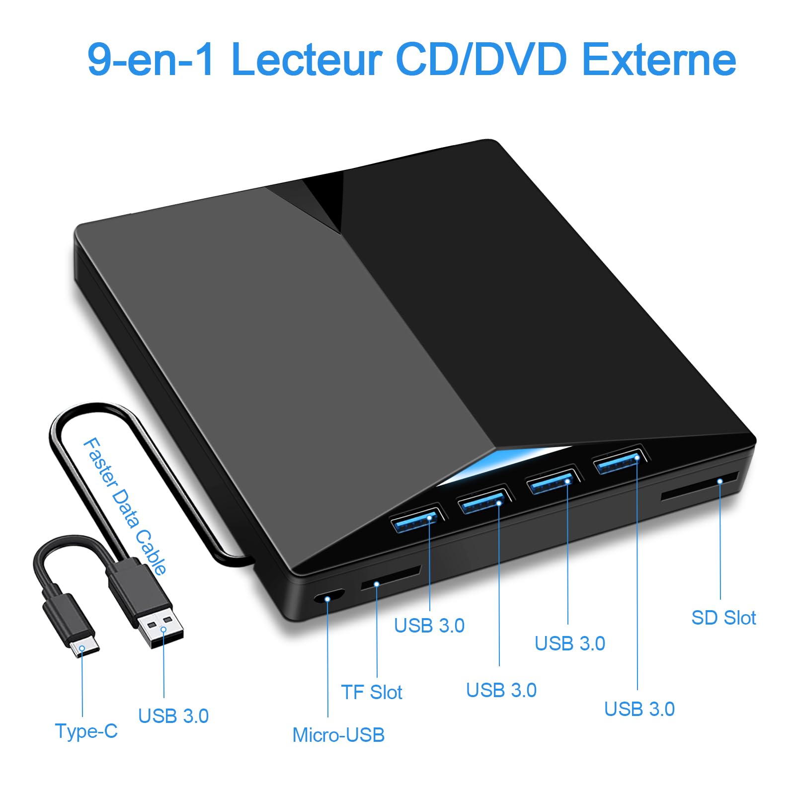 Lecteur CD/DVD Externe pour PC, Graveur DVD Externe USB 3.0 Mince Portable | Graveur Enregistreur RW/ROM Drive Transmission Rapide Câble USB Intégrée pour Windows 7/8/10/11,Vista,Linux,Laptop,Desktop