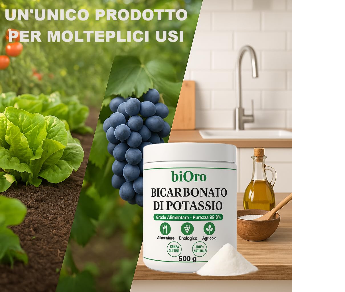 BICARBONATO DI POTASSIO Alimentare biOro 99,8% – 500g – Regolatore Acidità, Antifungino Naturale, Uso Enologico e Agricolo – Grado Alimentare Qualità Premium – Senza Glutine