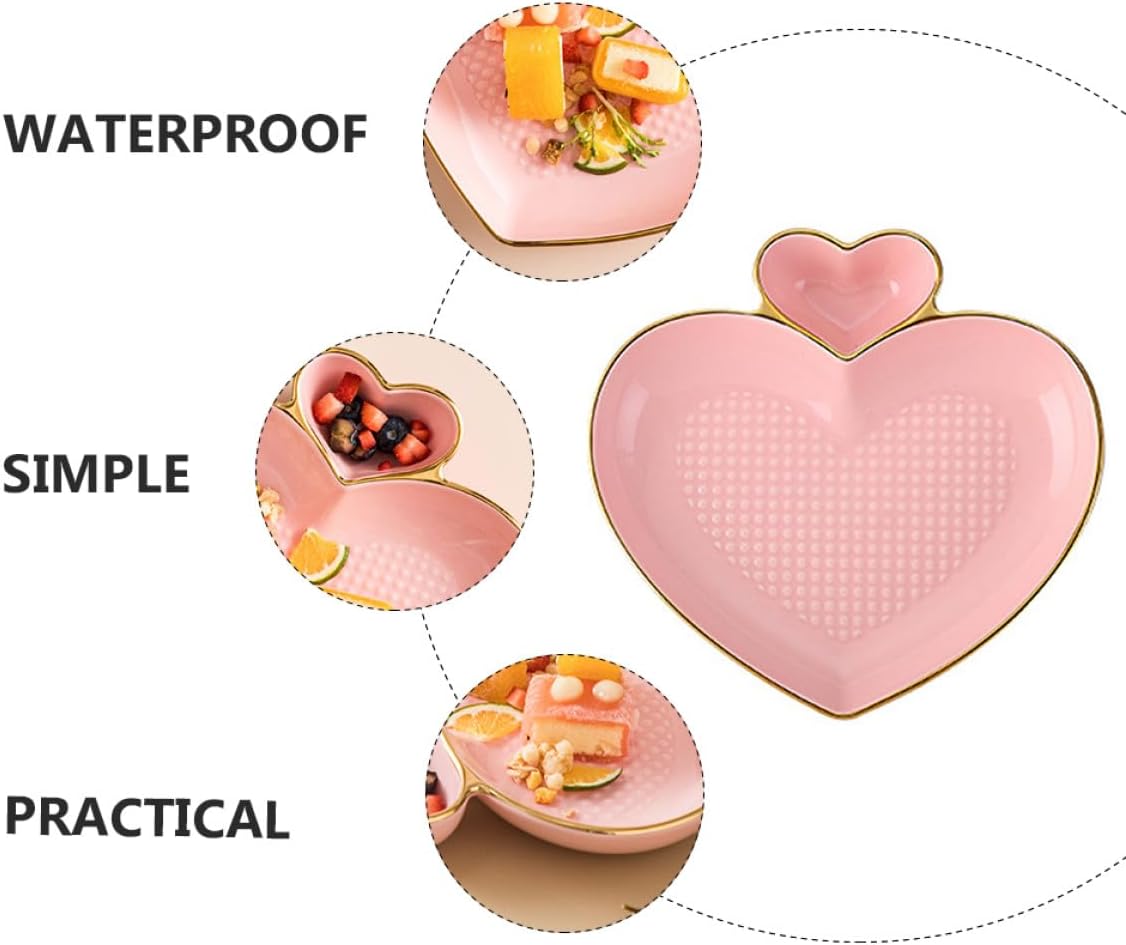 Zerodeko Ceramic Dumpling Plate Heart Shaped Dessert Plate with Pink Gold Rim Porcelain Snack Serving Dish for Home Kitchen Dining