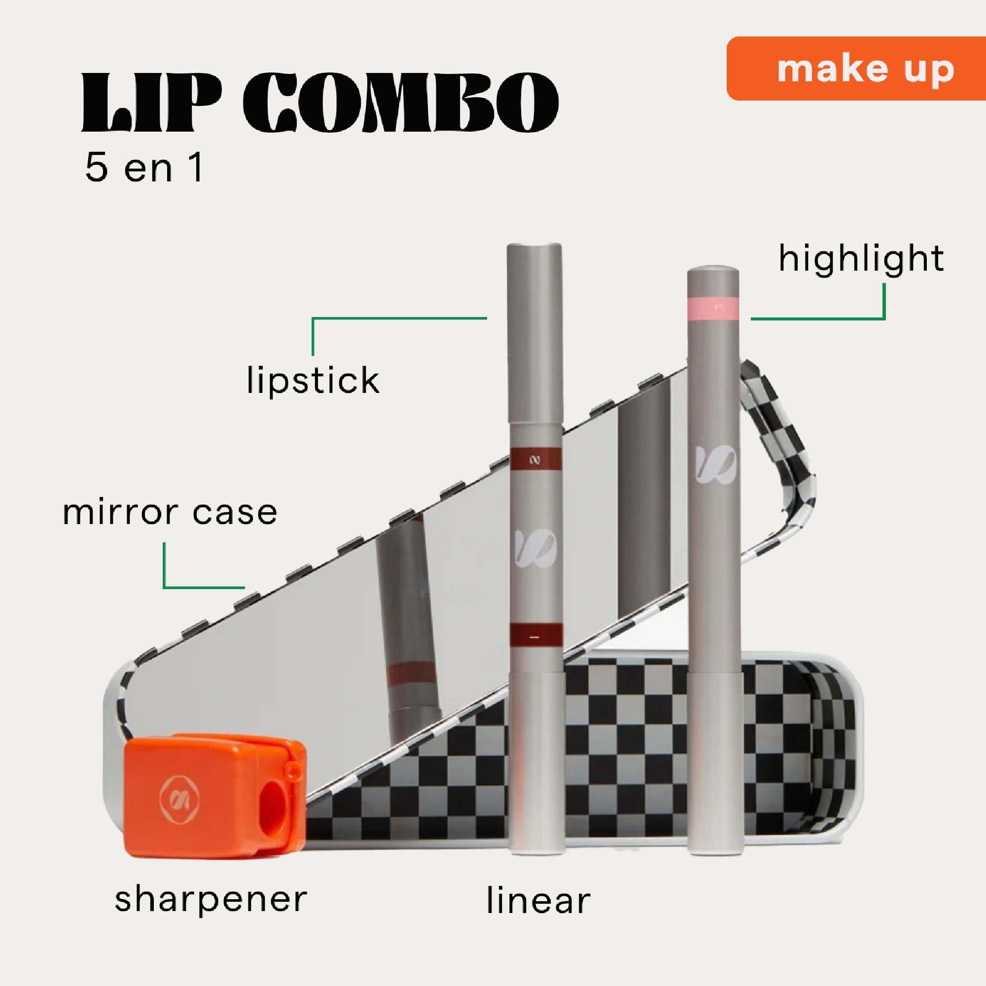 SARELLY CREATIVO LAB | Kit de Maquillaje - Lip Combo 5 en 1 | Labial - Delineador - Iluminador - Sacapuntas - Espejo para Maquillaje | Makeup Vegano - Belleza Cruelty Free Make Up | Variedad de Tonos