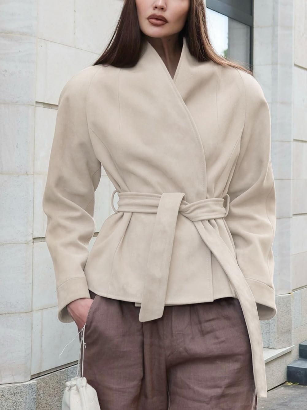 CHARTOU Women Faux Suede Leather Crop Jacket 2025 Casual Band Collar Wrap Outwear Coat with Belt
