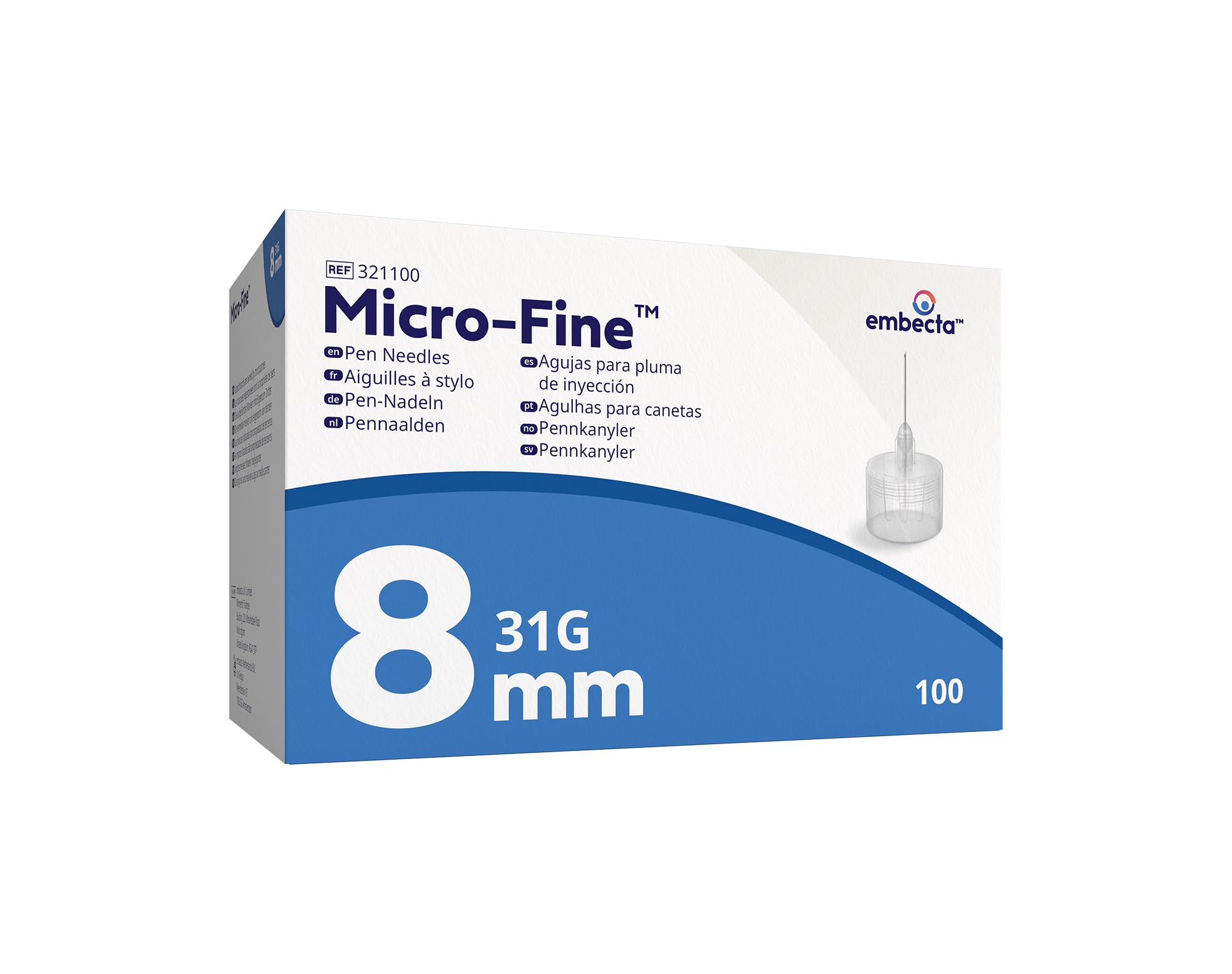 Embecta Micro-Fine Pen Attachments 31G x 8mm – Pack of 100 | Ultra-Thin Wall Technology for Smooth Experience | Compatible with Most Pens | Model No: 321100 | Latex-Free & Sterile Pen Attachments