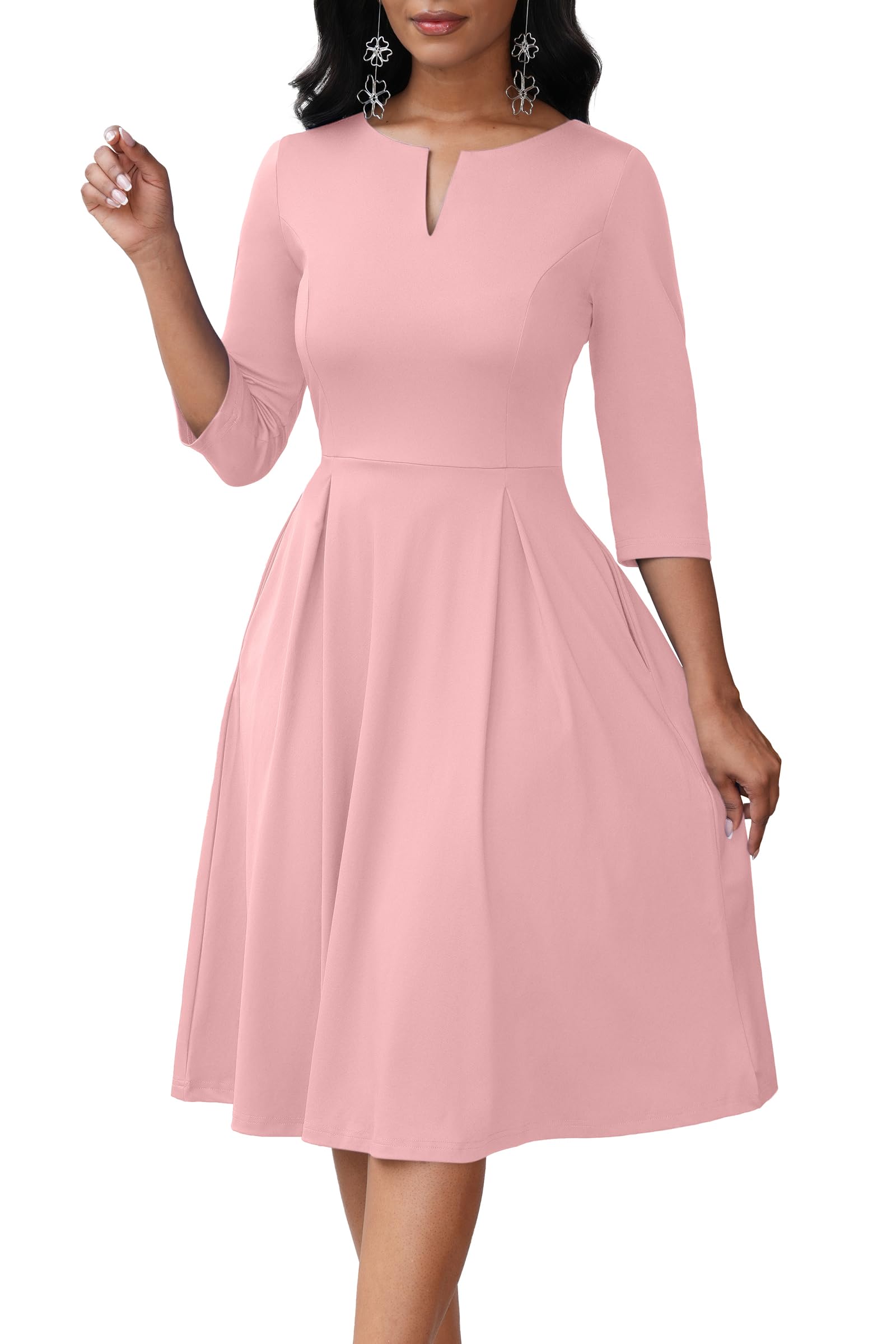 Midi Dresses for Women - Semi Formal Fit and Flare 3/4 Sleeve V Neck A-Line Cocktail Church Work Dress with Pockets
