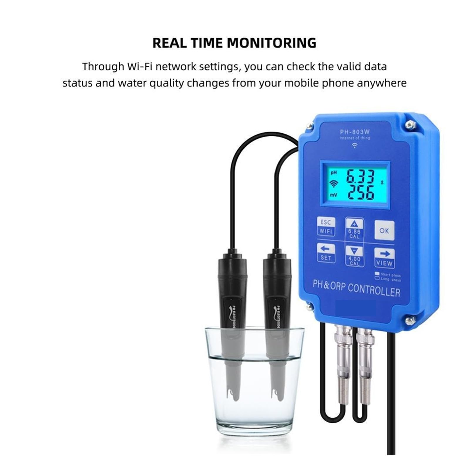 Testeur de qualité de l'eau Contrôleur numérique de pH et ORP avec Surveillance Wi-FI PH-803W, sonde BNC, testeur de qualité de l'eau